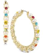 Betsey Johnson Gold-tone Multicolor Stone & Imitation Pearl Hoop Earrings