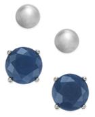 Charter Club Silver-tone Ball And Blue Stone Stud Earrings