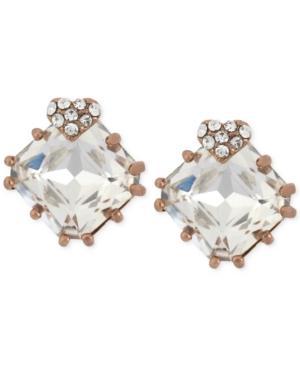Betsey Johnson Rose Gold-tone Heart And Square Crystal Stud Earrings