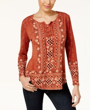 Style & Co Mixed-print Lace-up Top, Created For Macy's