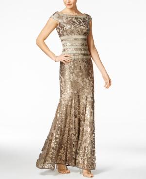 Tadashi Shoji Sequined Embroidered Cap-sleeve Gown