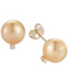 Cultured Golden South Sea Pearl (9mm) And Diamond Accent Stud Earrings In 14k Gold