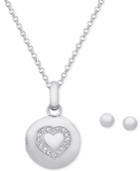 Cubic Zirconia Locket Pendant Necklace And Ball Stud Earrings
