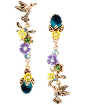 Betsey Johnson Gold-tone Multi-stone Flower And Hummingbird Mismatch Earrings