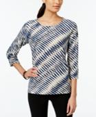 Jm Collection Three-quarter-sleeve Printed Jacquard Top, Only At Macy's