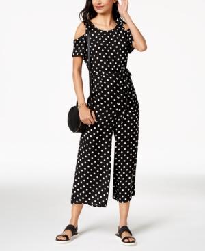 Emerald Sundae Juniors' Polka Dot Cold-shoulder Jumpsuit