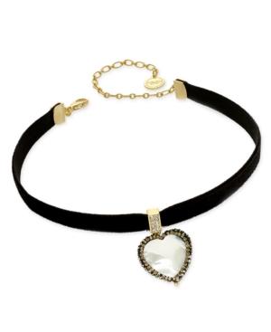 Paul & Pitu Naturally Two-tone Pave & Imitation Pearl Heart Black Velvet Choker Necklace