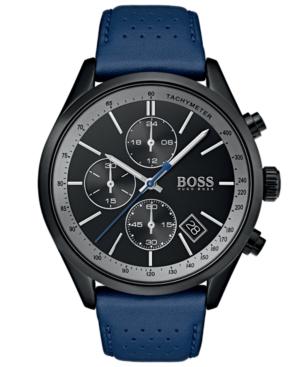 Boss Men's Chronograph Grand Prix Blue Perforated Leather Strap Watch 44mm