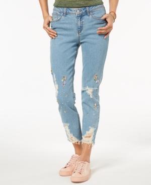 Black Daisy Juniors' Ripped Jewel-embellished Skinny Jeans