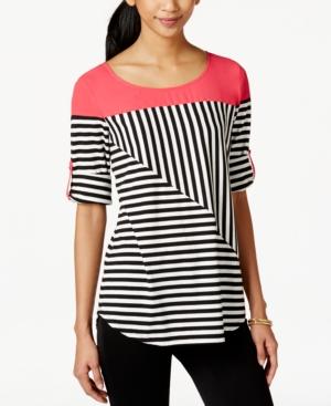 Ny Collection Striped Colorblocked Roll-tab Top