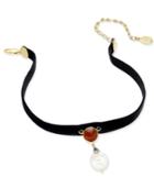 Paul & Pitu Naturally 14k Gold-plated Cornelian And Freshwater Pearl Jet Stretch Velvet Choker Necklace