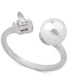 Majorica Sterling Silver Triangle Cubic Zirconia & Imitation Pearl Open Ring