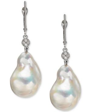 Cultured Baroque Freshwater Pearl (13mm) & Diamond Accent Drop Earrings In 14k White Gold