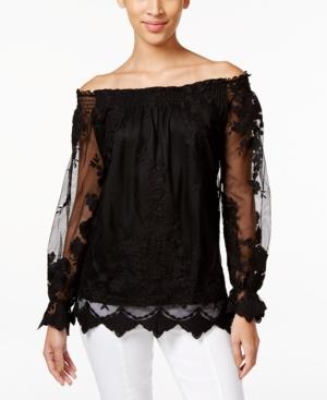 Marled Floral-mesh Off-the-shoulder Peasant Top