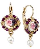 2028 Gold-tone Beaded Framed Floral Image And Imitation Pearl Drop Earrings
