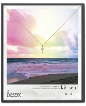Kitsch Gold-tone Crystal Cross Pendant Necklace & Stud Earrings Box