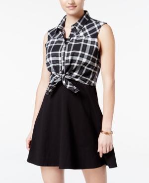 Emerald Sundae Juniors' Plaid Tie-front Shirtdress