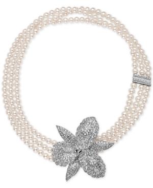 Nina Silver-tone Pave Orchid Imitation Pearl Triple Strand Necklace