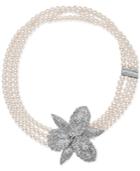 Nina Silver-tone Pave Orchid Imitation Pearl Triple Strand Necklace