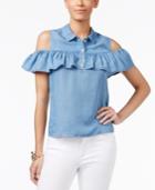 Thalia Sodi Ruffled Cold-shoulder Chambray Blouse, Only At Macy's