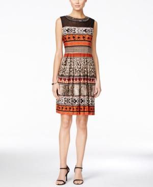 Sandra Darren Embellished Illusion Printed Dress