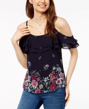 Bcx Juniors' Printed Cold-shoulder Ruffle Top