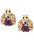 Betsey Johnson Gold-tone Purple Crystal And Pave Ladybug Stud Earrings