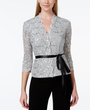 Alex Evenings Faux Wrap Sash Belt Embellished Lace Blouse
