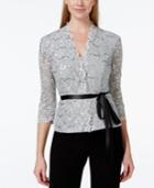 Alex Evenings Faux Wrap Sash Belt Embellished Lace Blouse