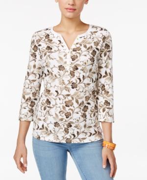 Karen Scott Petite Three-quarter-sleeve Printed Henley Top, Only At Macy's