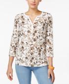 Karen Scott Petite Three-quarter-sleeve Printed Henley Top, Only At Macy's