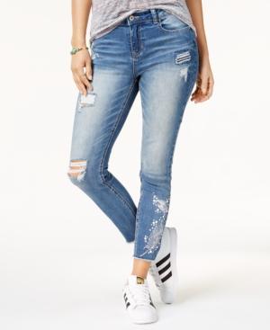 Vanilla Star Juniors' Feather-embroidered Skinny Jeans