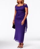R & M Richards Plus Size Cold-shoulder Draped Gown