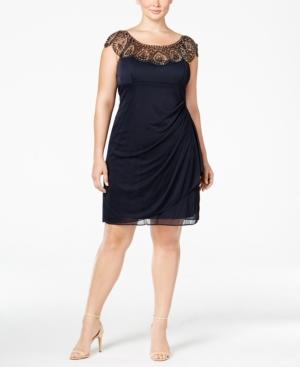 Xscape Plus Size Embellished Draped Illusion Dress