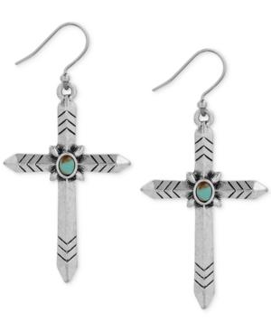 Lucky Brand Silver-tone Blue Stone Cross Drop Earrings