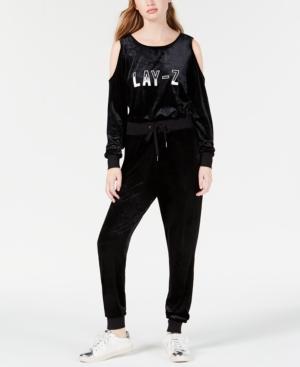 Material Girl Active Juniors' Lay-z Cold-shoulder Graphic Velvet Jumpsuit, Created For Macy's