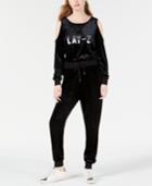 Material Girl Active Juniors' Lay-z Cold-shoulder Graphic Velvet Jumpsuit, Created For Macy's
