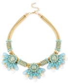 Gold-tone Blue Bead And Imitation Pearl Frontal Necklace