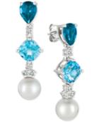 Le Vian Blue Topaz (2-1/6 Ct. T.w.), London Blue Topaz (1-3/4 Ct. T.w.), White Cultured Freshwater Pearl (9mm) And Diamond (1/3 Ct. T.w.) Drop Earrings In 14k White Gold