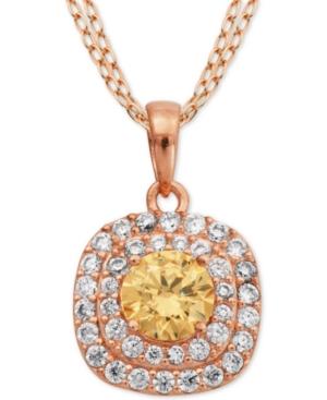 Champagne And Clear Cubic Zirconia Halo Pendant Necklace In 18k Rose Gold-plated Sterling Silver