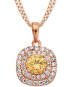 Champagne And Clear Cubic Zirconia Halo Pendant Necklace In 18k Rose Gold-plated Sterling Silver