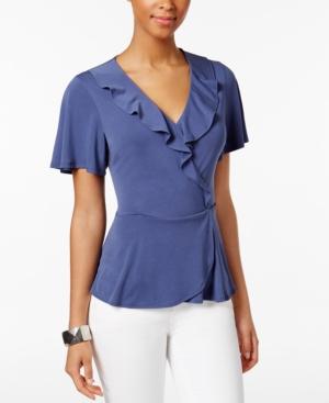 Monteau Petite Ruffled Faux-wrap Top