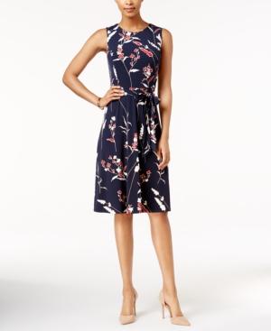Charter Club Petite Printed Belted Fit & Flare Dress, Only At Macy's