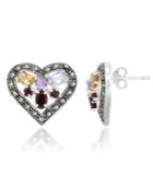 Multi-color Stones & Marcasite Heart Earrings In Sterling Silver