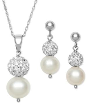 Sterling Silver Earrings And Necklace Set, Cultured Freshwater Pearl (7mm) And Crystal (3 Ct. T.w.) Earrings And Pendant