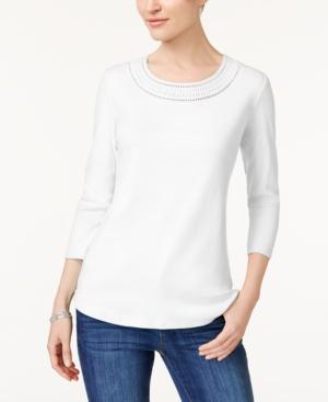 Karen Scott Cotton Eyelet-trim T-shirt, Created For Macy's