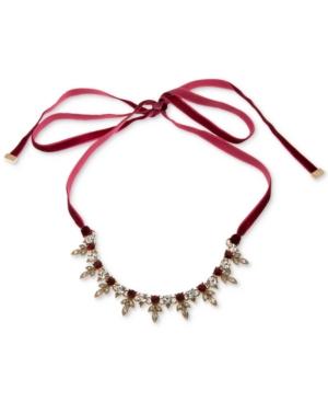 Marchesa Gold-tone Clear & Red Crystal Velvet Tie Choker Necklace