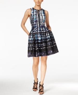 Vince Camuto Printed Faux-leather Trim Fit & Flare Dress