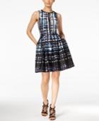 Vince Camuto Printed Faux-leather Trim Fit & Flare Dress