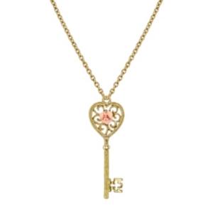 2028 Gold Tone Pink Porcelain Rose Key Pendant Necklace 16 Adjustable